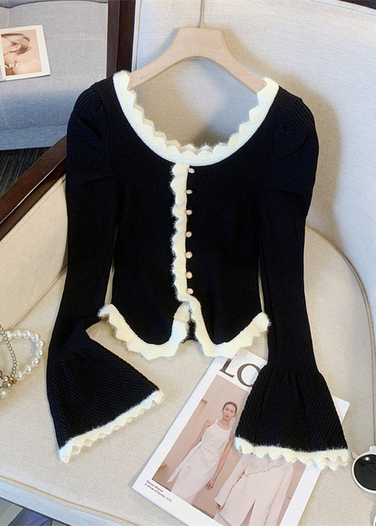 Slim Fit Black Button Patchwork Knit Sweater Flare Sleeve