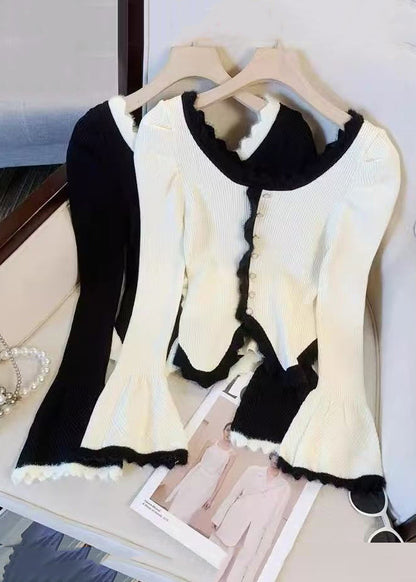 Slim Fit Black Button Patchwork Knit Sweater Flare Sleeve