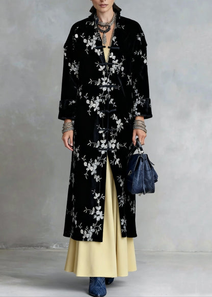 Slim Fit Black Chinese Button Print Silk Velvet Coat Spring