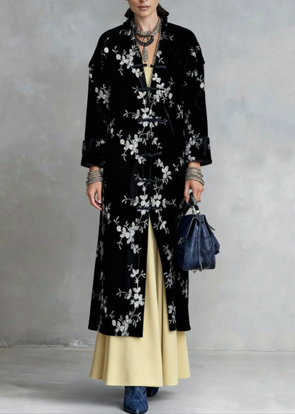 Slim Fit Black Chinese Button Print Silk Velvet Coat Spring