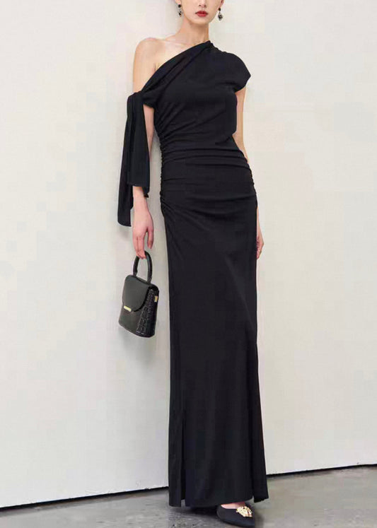 Slim Fit Black Cold Shoulder Lace Up Wrinkled Cotton Long Dress Summer