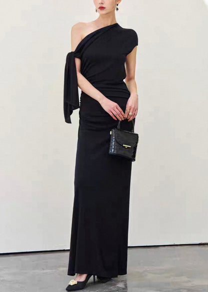 Slim Fit Black Cold Shoulder Lace Up Wrinkled Cotton Long Dress Summer