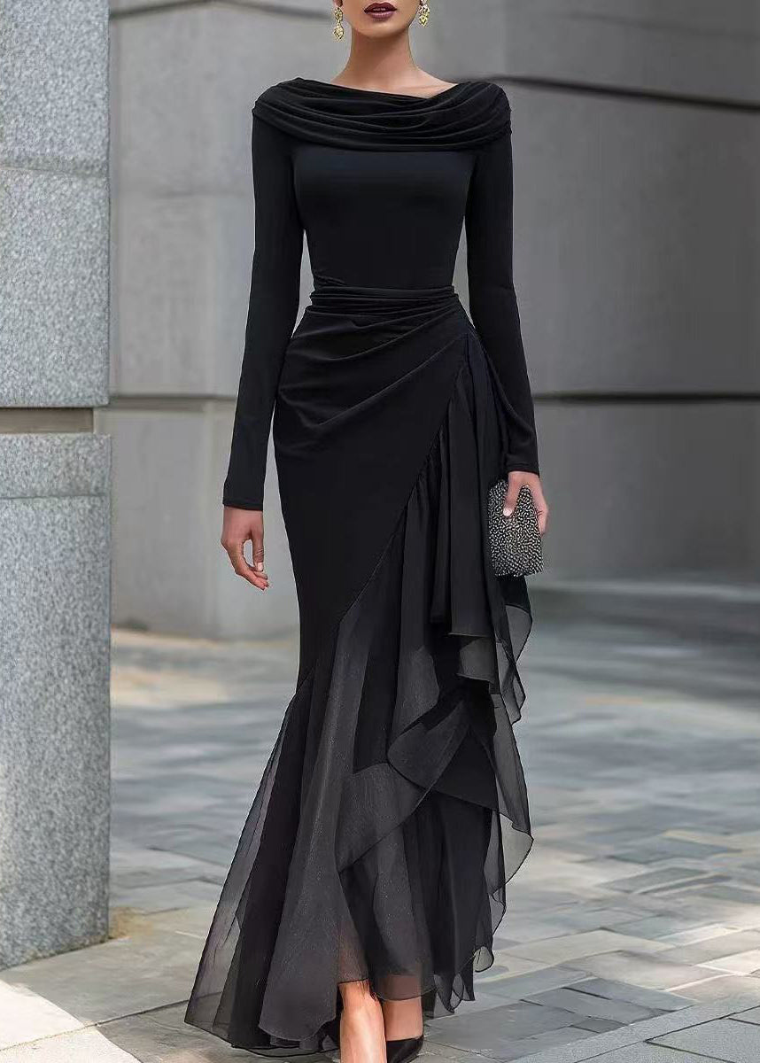 Slim Fit Black Cowl Neck Asymmetrical Patchwork Tulle Maxi Dresses Fall