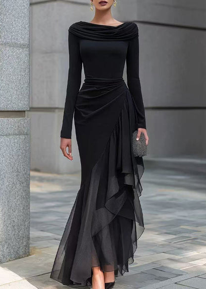 Slim Fit Black Cowl Neck Asymmetrical Patchwork Tulle Maxi Dresses Fall