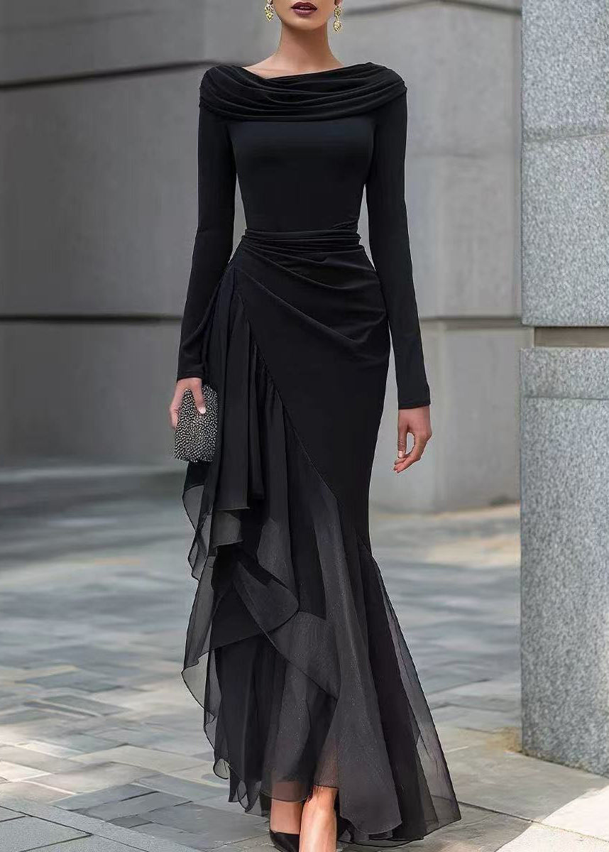 Slim Fit Black Cowl Neck Asymmetrical Patchwork Tulle Maxi Dresses Fall
