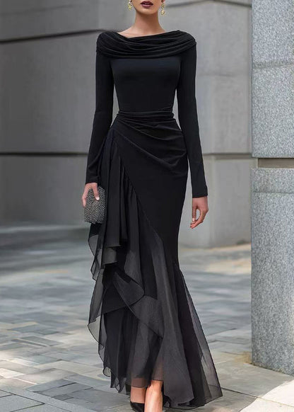 Slim Fit Black Cowl Neck Asymmetrical Patchwork Tulle Maxi Dresses Fall