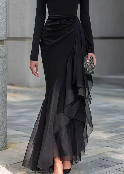 Slim Fit Black Cowl Neck Asymmetrical Patchwork Tulle Maxi Dresses Fall