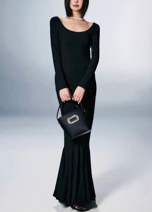 Slim Fit Black High Waist Solid Cotton Maxi Dresses Fall