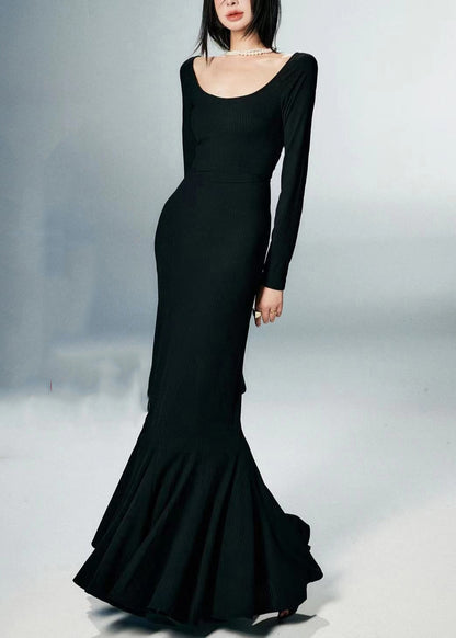 Slim Fit Black High Waist Solid Cotton Maxi Dresses Fall