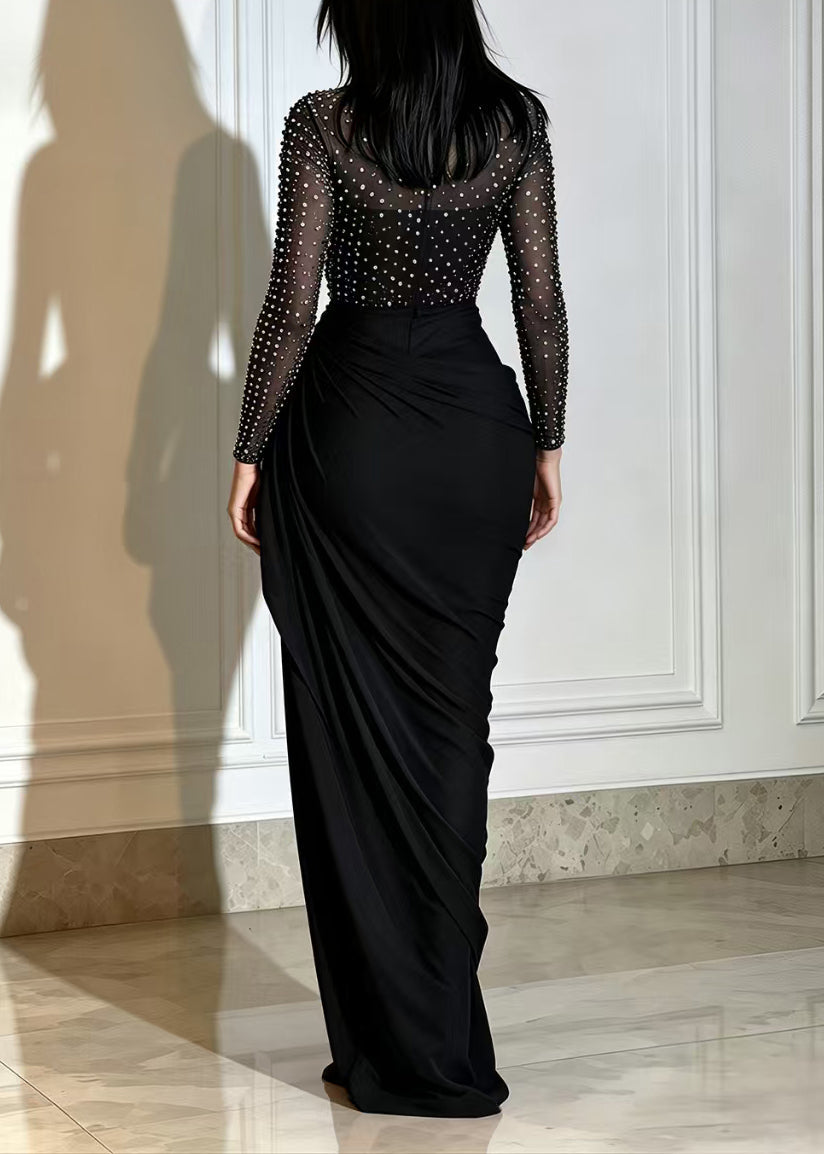 Slim Fit Black Hign Neck Rhinestone Ruched Patchwork Mesh Maxi Dresses Fall