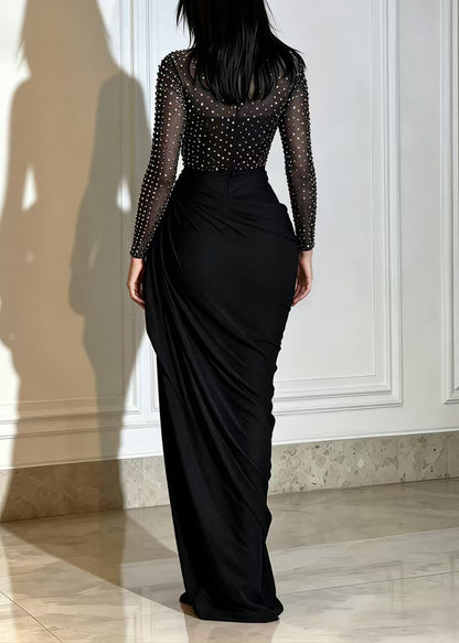 Slim Fit Black Hign Neck Rhinestone Ruched Patchwork Mesh Maxi Dresses Fall