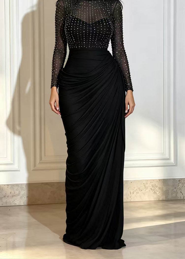 Slim Fit Black Hign Neck Rhinestone Ruched Patchwork Mesh Maxi Dresses Fall