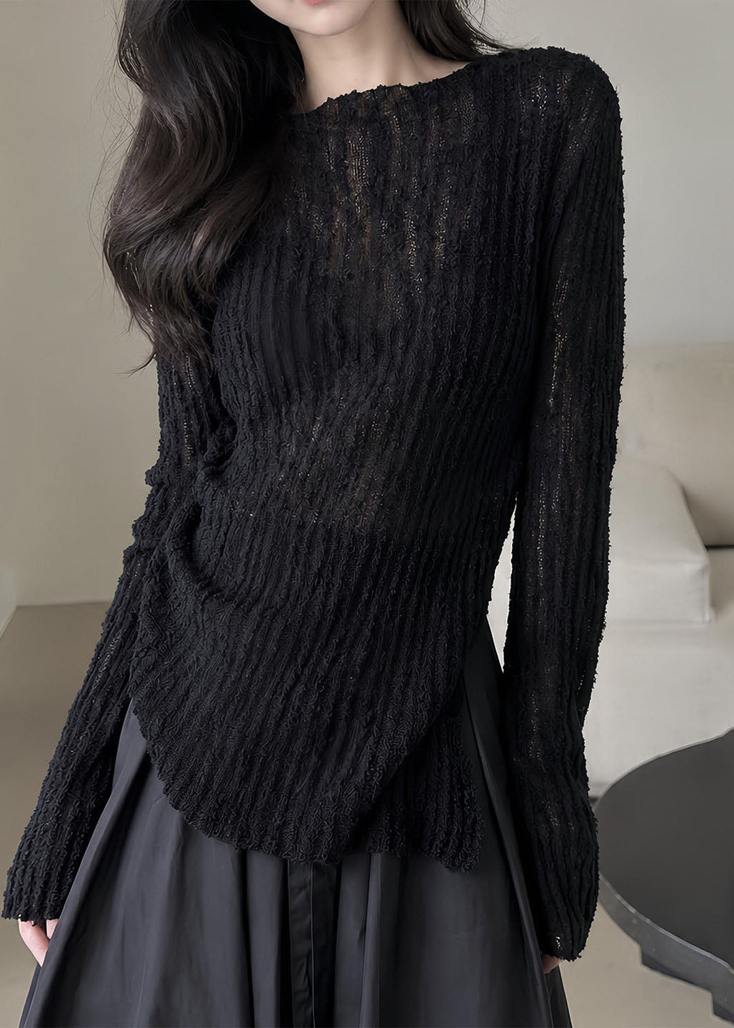 Slim Fit Black Hollow Out Cotton Knit Sweaters Long Sleeve