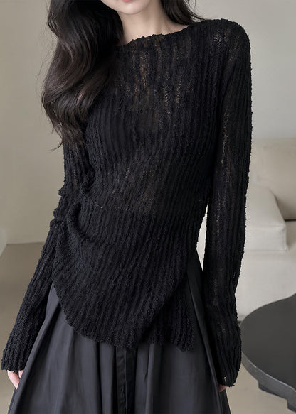 Slim Fit Black Hollow Out Cotton Knit Sweaters Long Sleeve