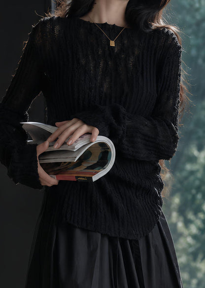Slim Fit Black Hollow Out Cotton Knit Sweaters Long Sleeve