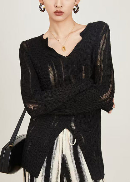 Slim Fit Black Hollow Out Front Open Knit Sweaters Spring