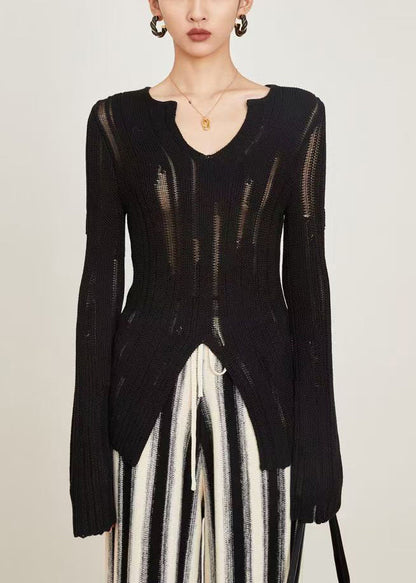 Slim Fit Black Hollow Out Front Open Knit Sweaters Spring