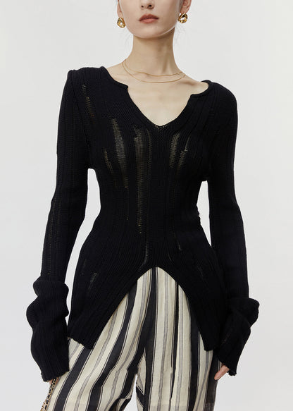 Slim Fit Black Hollow Out Front Open Knit Sweaters Spring