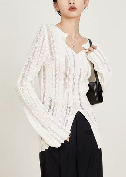 Slim Fit Black Hollow Out Front Open Knit Sweaters Spring