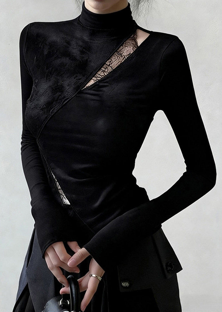 Slim Fit Black Hollow Out Lace Patchwork Cotton T Shirt Spring