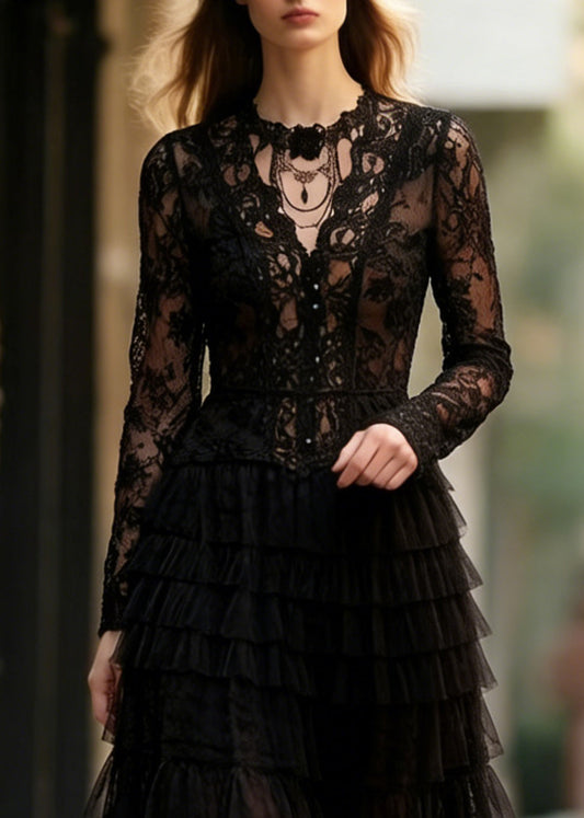 Slim Fit Black Hollow Out Lace Tops And Tulle Skirts Two Pieces Set Spring