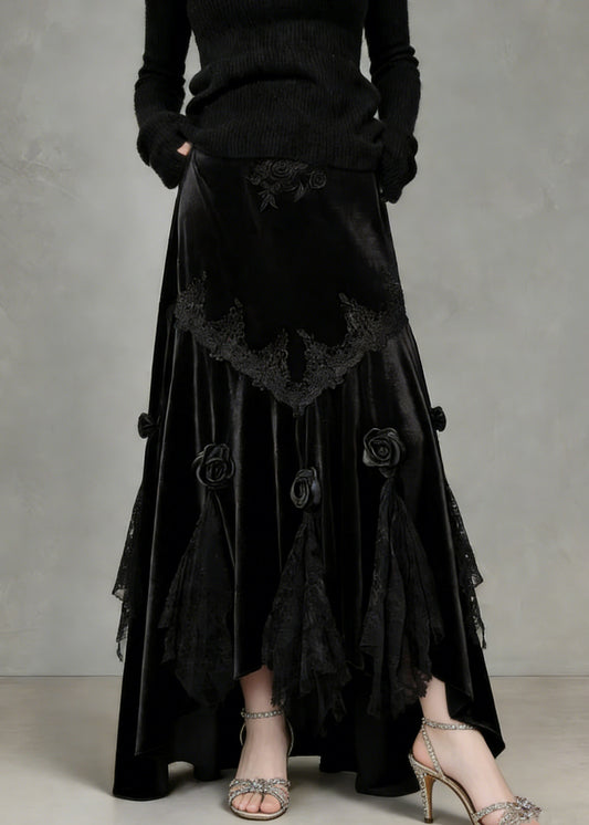 Slim Fit Black Lace Floral Silk Velvet Fish Tail Skirt Spring