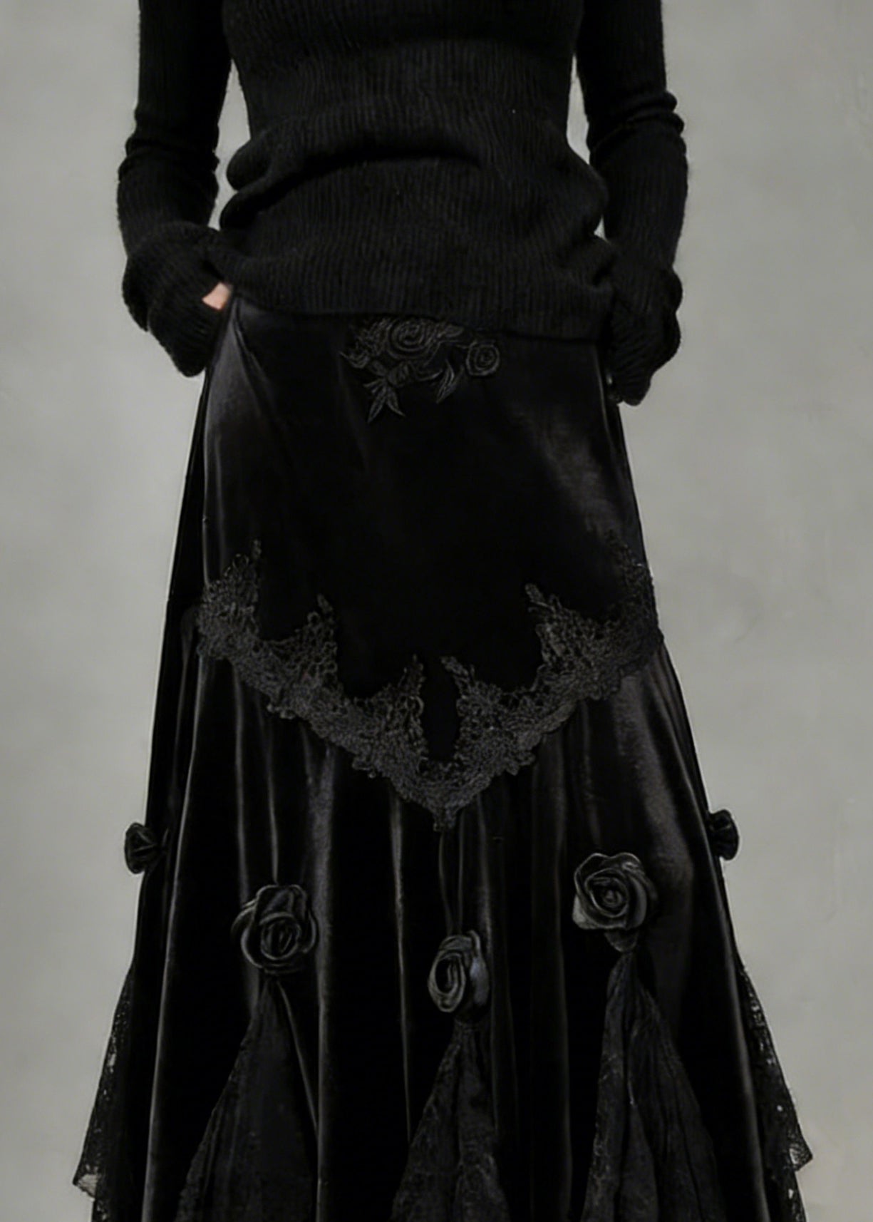 Slim Fit Black Lace Floral Silk Velvet Fish Tail Skirt Spring