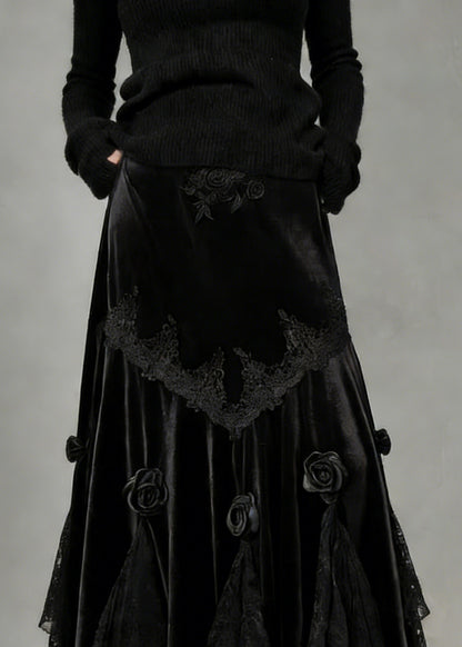 Slim Fit Black Lace Floral Silk Velvet Fish Tail Skirt Spring