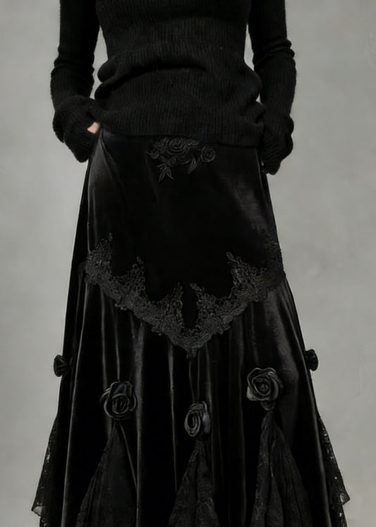 Slim Fit Black Lace Floral Silk Velvet Fish Tail Skirt Spring
