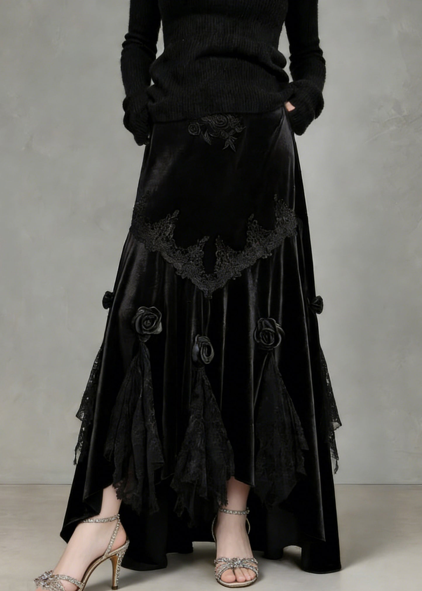 Slim Fit Black Lace Floral Silk Velvet Fish Tail Skirt Spring
