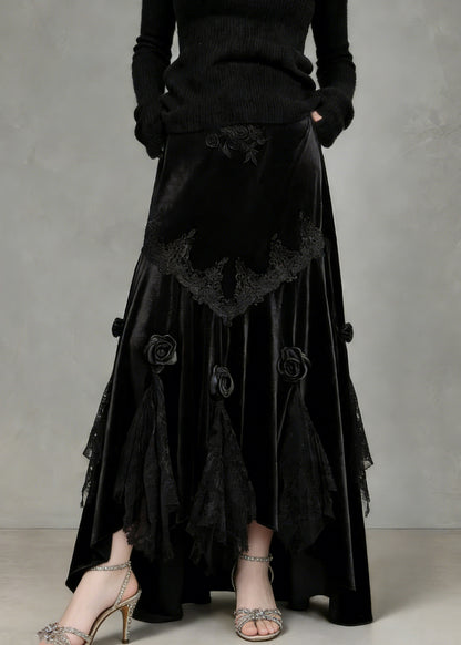 Slim Fit Black Lace Floral Silk Velvet Fish Tail Skirt Spring