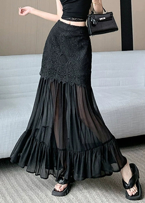 Slim Fit Black Lace High Waist Patchwork Tulle Skirts Summer