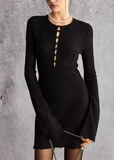 Slim Fit Black O-Neck Cut Out Knit Vacation Dress Fall