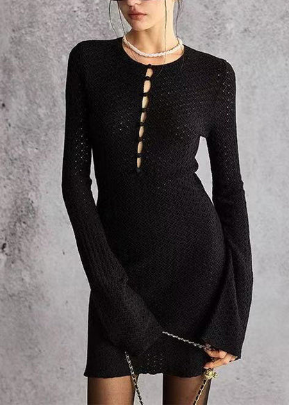 Slim Fit Black O-Neck Cut Out Knit Vacation Dress Fall