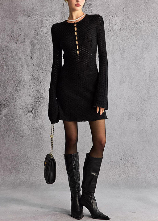 Slim Fit Black O-Neck Cut Out Knit Vacation Dress Fall