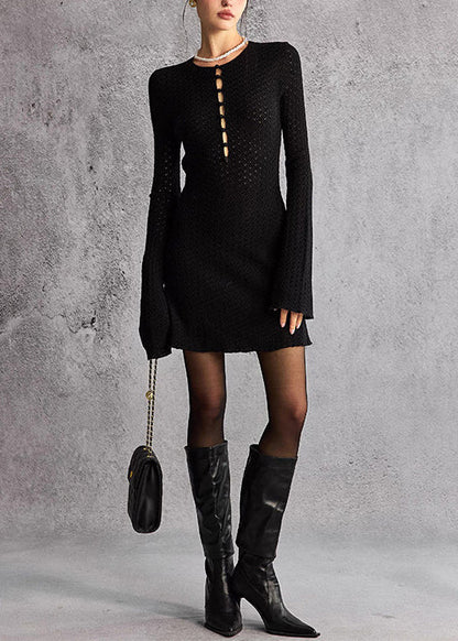 Slim Fit Black O-Neck Cut Out Knit Vacation Dress Fall