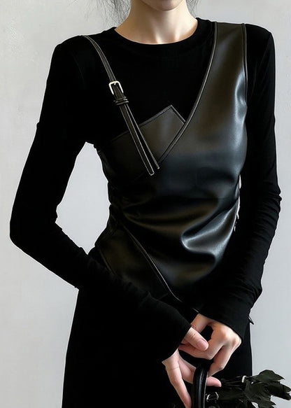 Slim Fit Black O-Neck Faux Leather Patchwork False Two Pieces T Shirt Spring