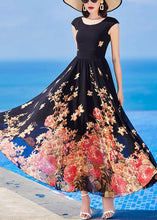 Load image into Gallery viewer, Slim Fit Black O-Neck Print Chiffon Long Dresses Summer