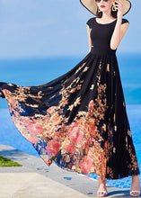 Load image into Gallery viewer, Slim Fit Black O-Neck Print Chiffon Long Dresses Summer