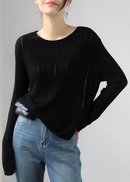 Slim Fit Black O-Neck Vertical Ribbed Sheer Knit Top Fall