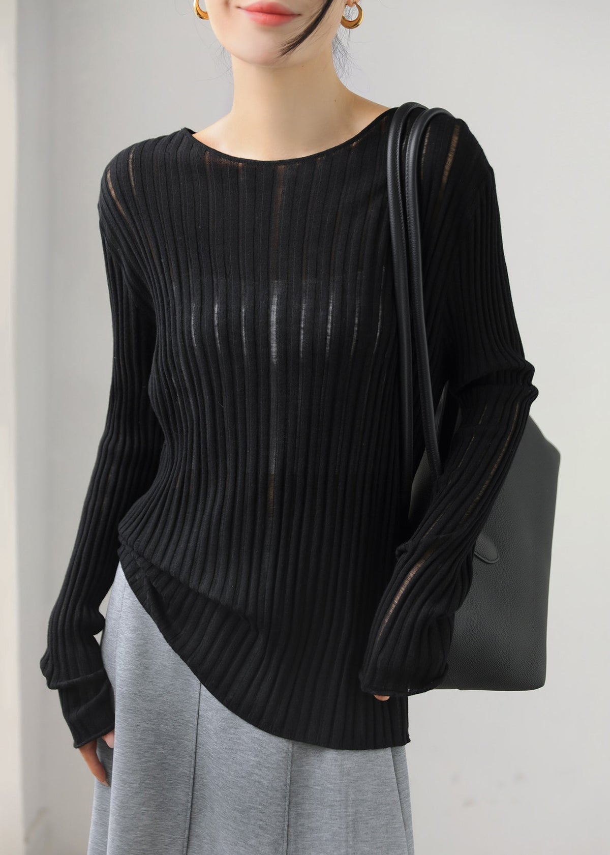 Slim Fit Black O-Neck Vertical Ribbed Sheer Knit Top Fall