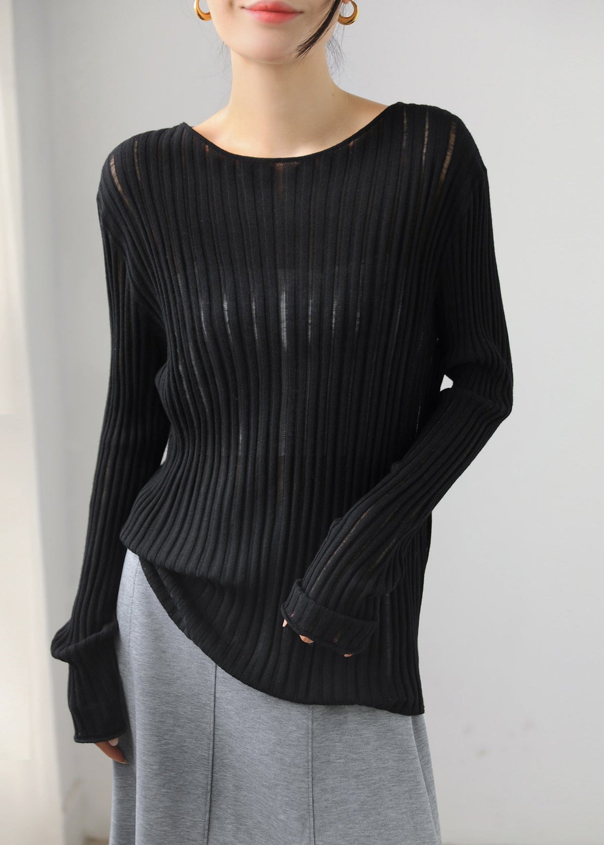 Slim Fit Black O-Neck Vertical Ribbed Sheer Knit Top Fall