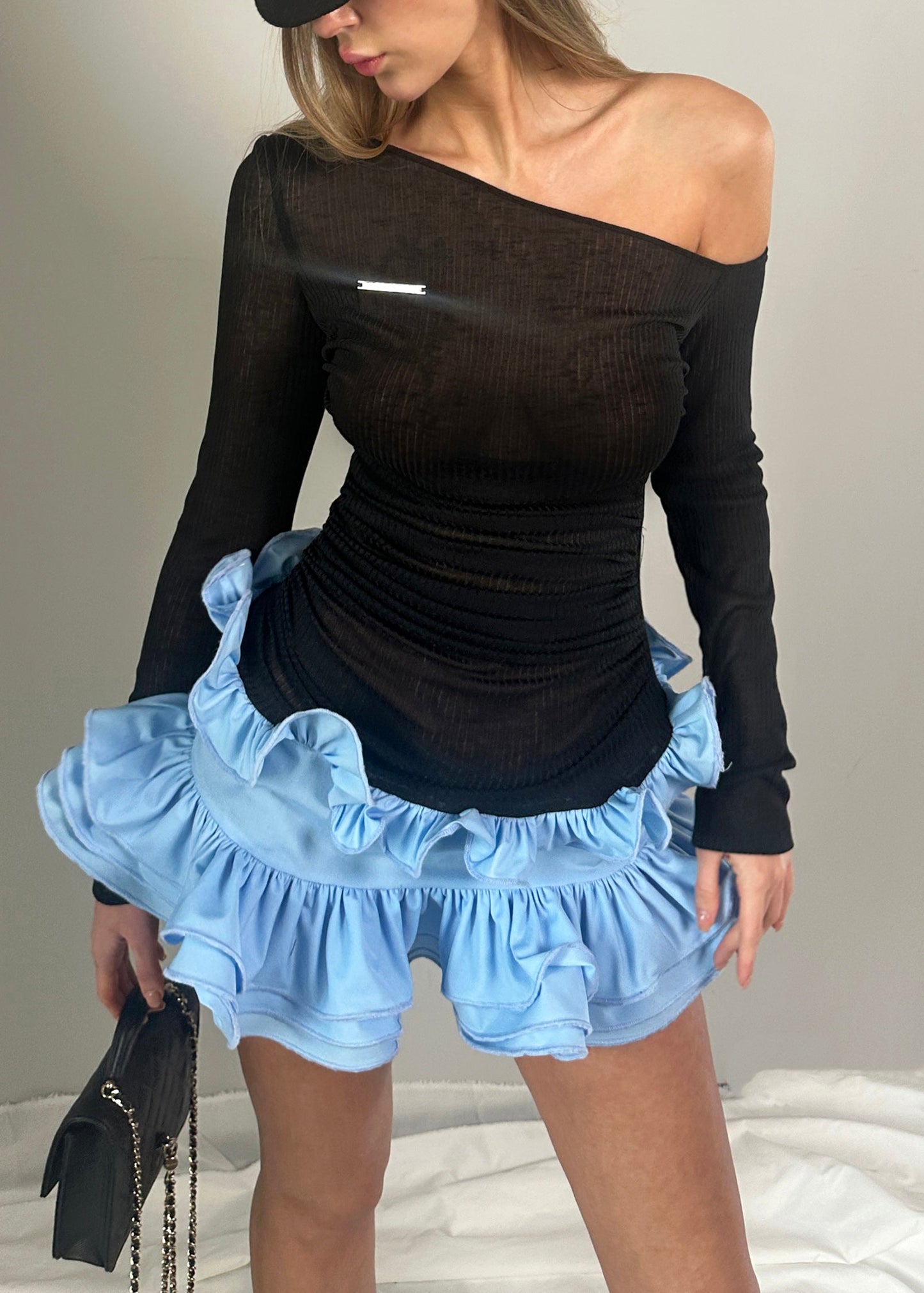 Slim Fit Black One Shoulder Ruffled Mid Dresses Spring