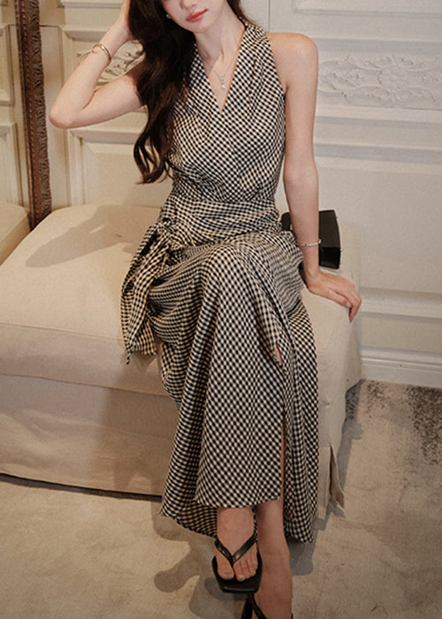 Slim Fit Black Plaid V Neck Side Open Cotton Long Dress Sleeveless