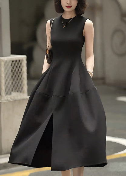 Slim Fit Black Pockets Front Open High Waist Cotton Long Dress Sleeveless