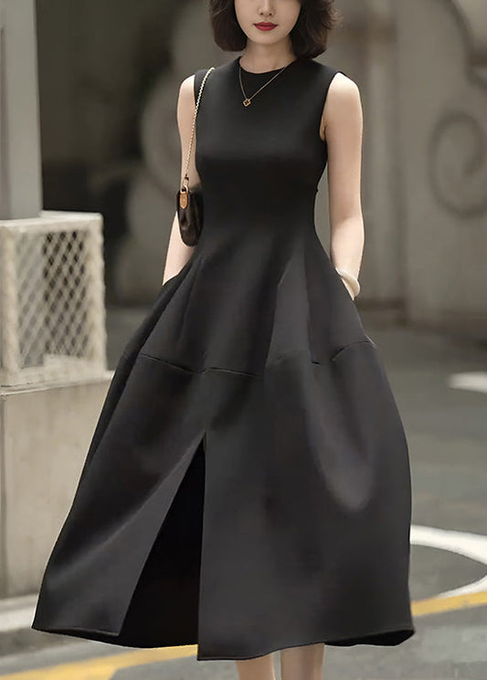 Slim Fit Black Pockets Front Open High Waist Cotton Long Dress Sleeveless