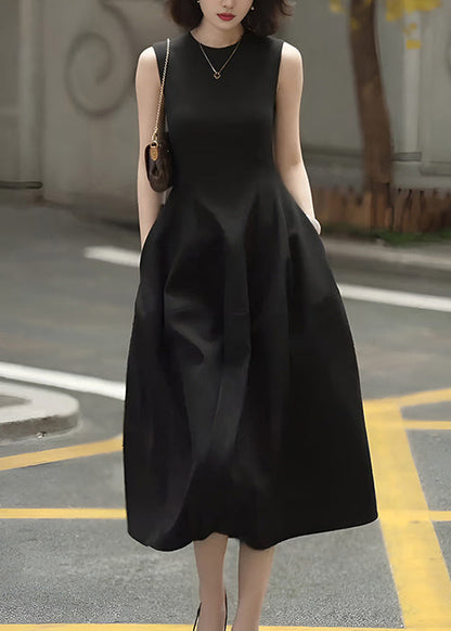 Slim Fit Black Pockets Front Open High Waist Cotton Long Dress Sleeveless