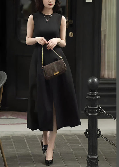 Slim Fit Black Pockets Front Open High Waist Cotton Long Dress Sleeveless