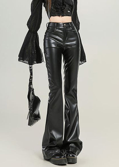 Slim Fit Black Pockets High Waist Faux Leather Flared Trousers Spring