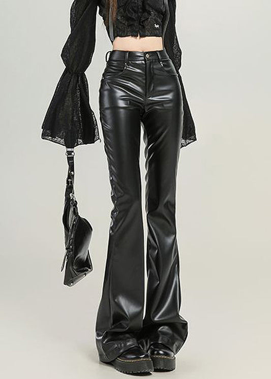 Slim Fit Black Pockets High Waist Faux Leather Flared Trousers Spring